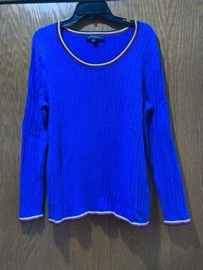 Tommy Hilfiger Blue Cable Knit Sweater with Red & White Trim